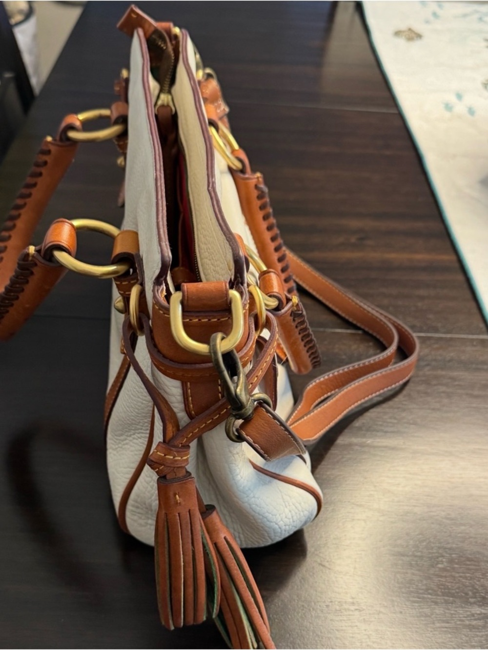 Dooney & Bourke Cream Leather Satchel with Brown Trim and Brass Hardware - Picture 4 of 12